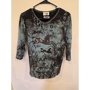 Cactus Bay Horse Rhinestone Western Southwest Top 3/4 Sleeve Made USA S